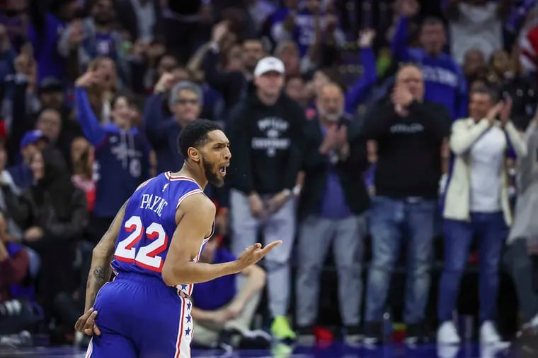 The Sixers' Cameron Payne celebrates a three-pointer in the second quarter of Game 3 on Thursday.