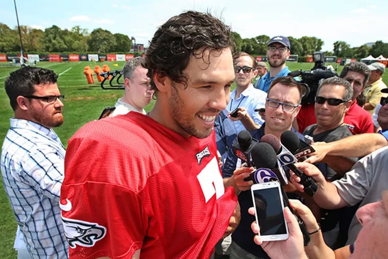 Eagles quarterback Sam Bradford, is all smiles as he talks to the media after practice at Eagle's training camp on Thursday. Eagles fourth day of training camp at the Nova Care Center.