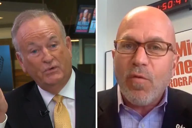 Former Fox News host Bill O’Reilly (left) interviews Michael Smerconish during a live-video segment available to subscribers on Wednesday night.