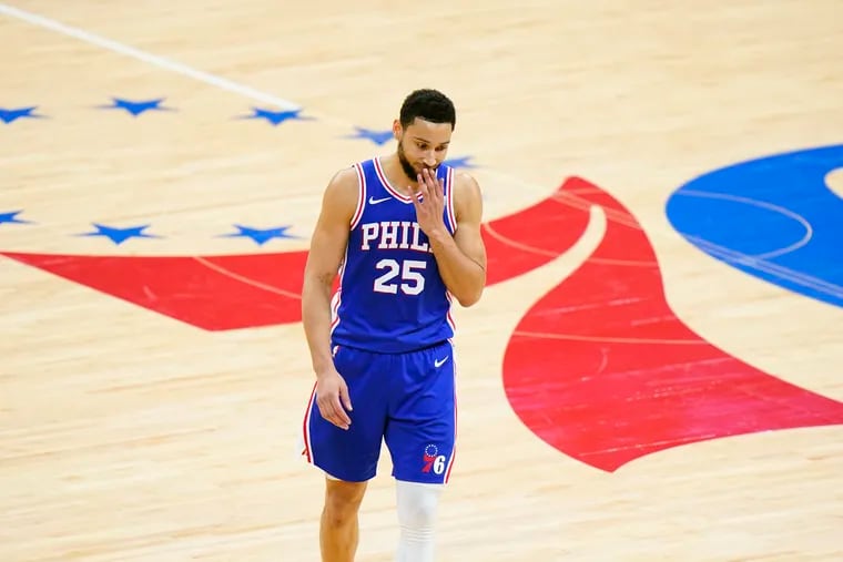 Ben Simmons wipes his face during the second half of Game 5 in a second-round series against the Hawks in June.
