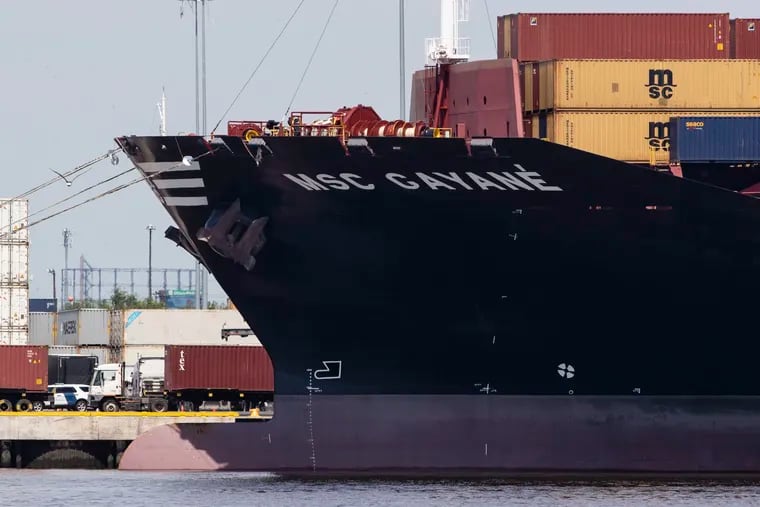 File--This file photo from June 24, 2019 shows the MSC Gayane moored at the Packer Marine Terminal in Philadelphia. Customs authorities announced on Monday, July 8, 2019, they have seized the cargo ship where agents discovered nearly 40,000 pounds, or almost 18,000 kilograms, of cocaine when the vessel was inspected in Philadelphia last month.