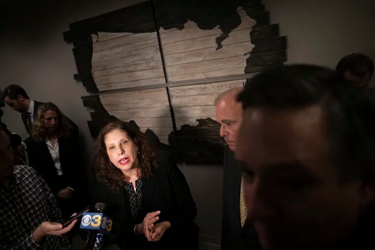 Ronda Goldfein of Safehouse speaks to reporters following a press conference on the opening of a supervised-injection site in South Philadelphia.