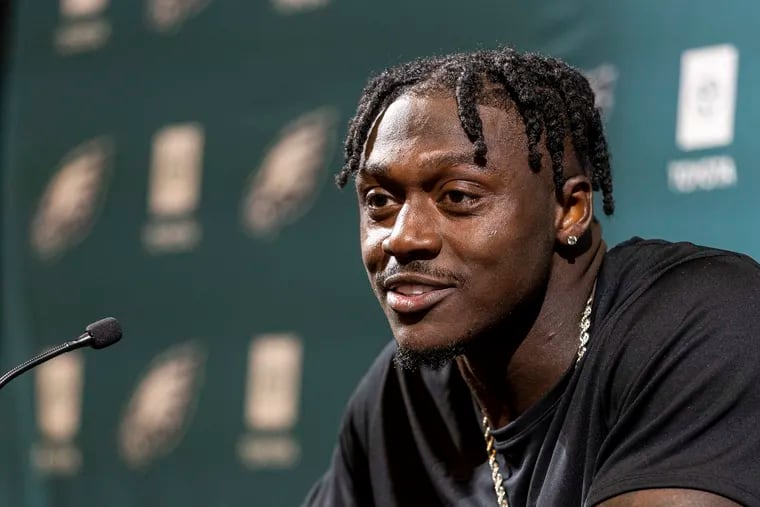 Eagles receiver A.J. Brown speaks during a press conference at the NovaCare Complex in Philadelphia, Pa., on Tuesday, April 30, 2024.