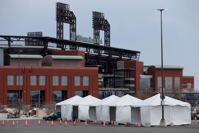 The city's coronavirus testing site is pictured next to Citizens Bank Park in South Philadelphia on Friday, March 20, 2020. The site, which opened Friday afternoon, is the first city-run drive-through location where people can be swabbed to determine if they have the coronavirus. At the time of opening, it was only for people with symptoms who are over 50 and healthcare workers with symptoms.