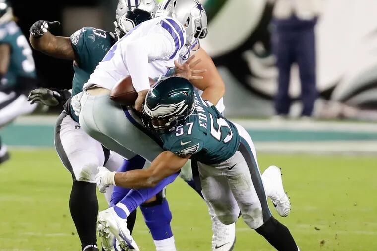T.J. Edwards sacks Dallas quarterback Ben DiNucci, who lost the ball. Rodney McLeod picked it up and ran it in for the decisive touchdown.