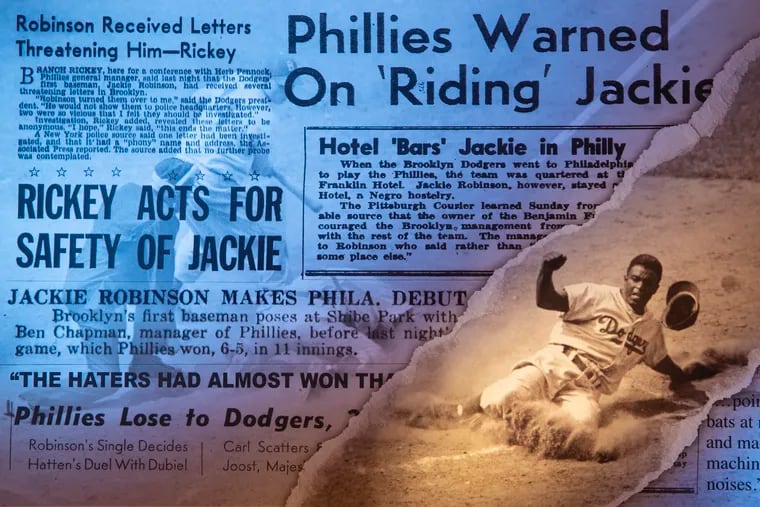 Jackie Robinson made his first out of town road trip with the Brooklyn Dodgers  to Philadelphia on May 9, 1947. The clippings are from various newspapers about that trip - the refusal by the Benjamin Franklin Hotel to let him stay, the death threats, and ongoing issues with Manager Ben Chapman and the Phillies. The iconic action shot  is an AP photograph  during a game at Wrigley Field in Chicago, May 17, 1949.