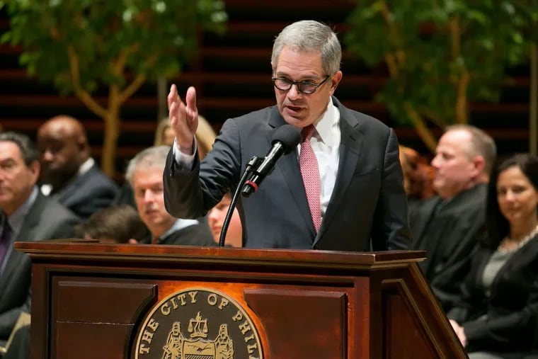 District Attorney Elect Larry Krasner speaks after being sworn in on Tuesday.