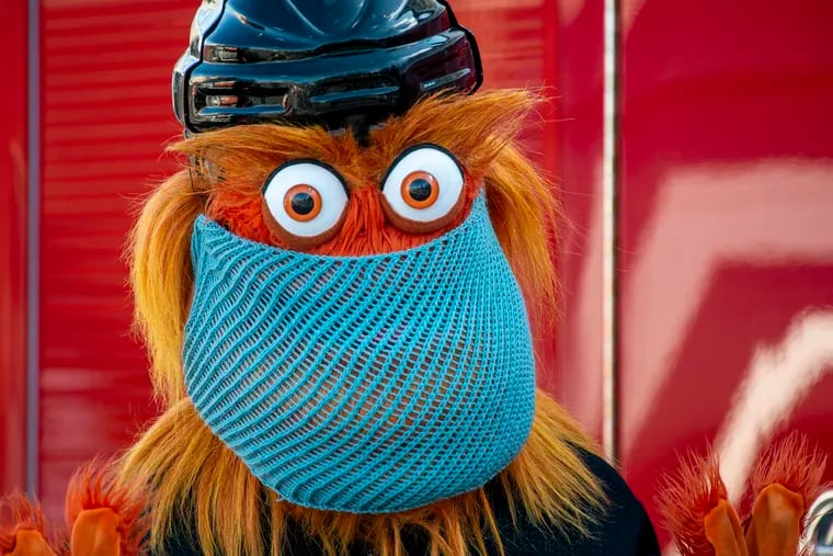 Gritty wearing a face mask.