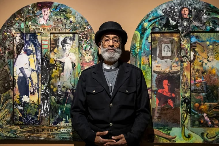 Artist Richard J. Watson in front of "Enough Said Already" and "And the Beat Goes On" at the African American Museum in Philadelphia. "Portals+Revelations: Richard J. Watson Beyond Realities" is on display until March 6.