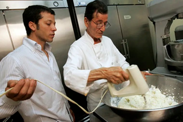 Sal Marino and his father, Ciro, making Italian cheesecake at Marino Ristorante in Hollywood.