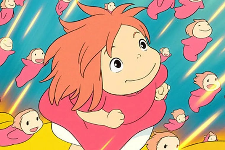 The princess goldfish rises to the occasion in a scene from "Ponyo." Above her on the shore, a human boy and forbidden love await her.