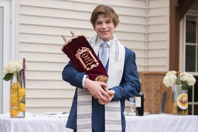 Jackson Rosen, 13, of Blue Bell celebrates his Zoom mitzvah at home.