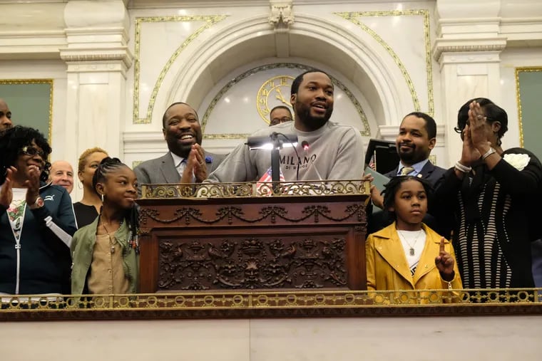 Meek Mill gives a speech at the City Council Chambers as the city of Philadelphia designates March 14th and 15th as "Meek Mill Weekend" on Thursday March 14, 2019.