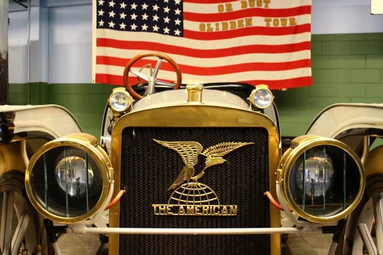 A 1909 American Underslung Traveler is a rare early sports car on display at the Simeone Foundation Museum.