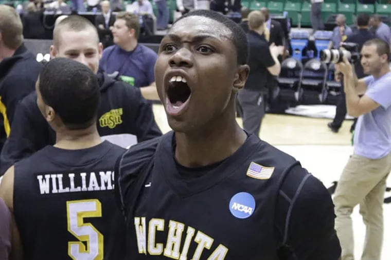 Wichita State's Cleanthony Early (11) celebrates after his team defeated Gonzaga 76-70 during a third-round game in the NCAA college basketball tournament in Salt Lake City Saturday, March 23, 2013. (Rick Bowmer/AP)