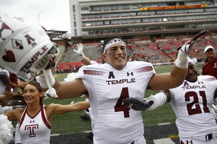 Temple fullback Rob Ritrovato (4) celebrates after an NCAA college football game against Maryland, Saturday, Sept. 15, 2018, in College Park, Md. (AP Photo/Patrick Semansky)