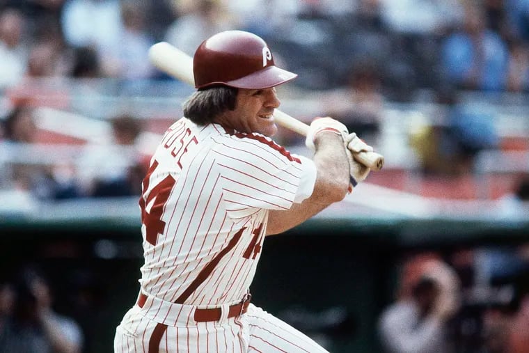 The Phillies' Pete Rose bats during a 1980 game.