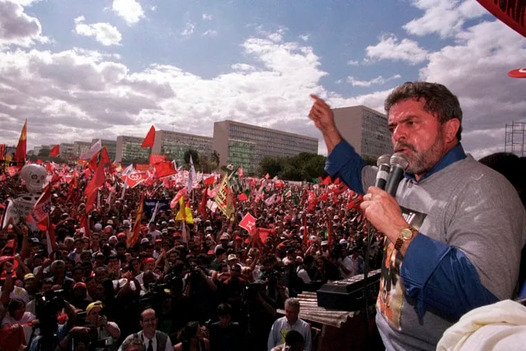 Luiz Inácio Lula da Silva speaks during a protest against the free-market reforms of President Fernando Henrique Cardoso, in Brasilia, Brazil, in August 1999.