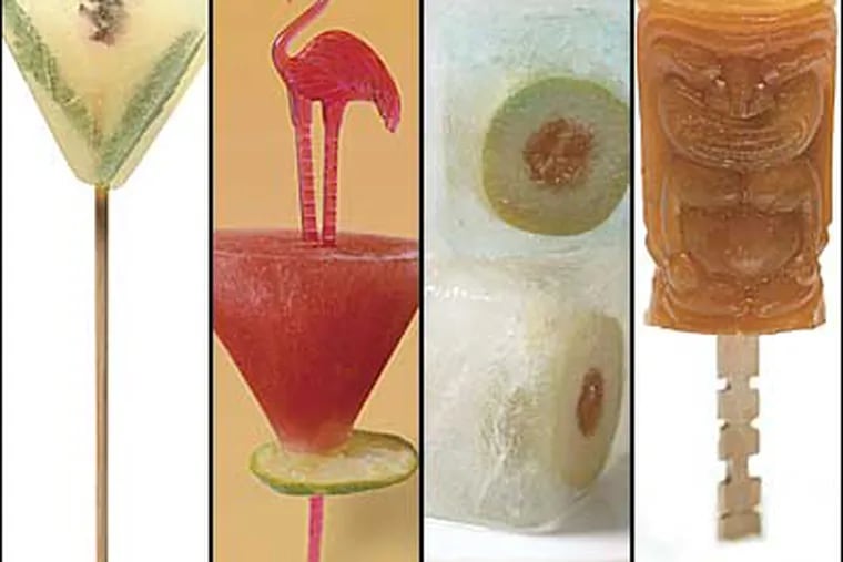 From left: A minty mojito popsicle, a cosmopolitan pop, sweet martini cubes and a mai tai pop.