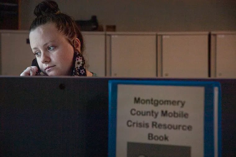 Master of Social Work, Amanda Mulhern, Crises Worker,  takes health crises call during a morning shift at the Montgomery County Mobile Crisis Center in Plymouth Meeting, Pa. Thursday, August 13, 2020.