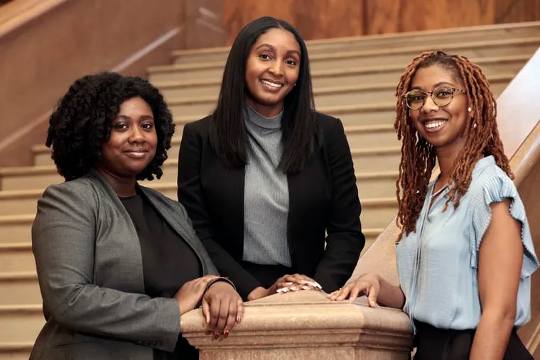 University of Pennsylvania law school students Simone Hunter – Hobson (left), Chayla Sherrod (middle) and Layla June West in the law school at the University of Pennsylvania last month. For the first time, three African American female students are leading three of the seven prestigious law journals at the University of Pennsylvania, including the oldest one in the United States.