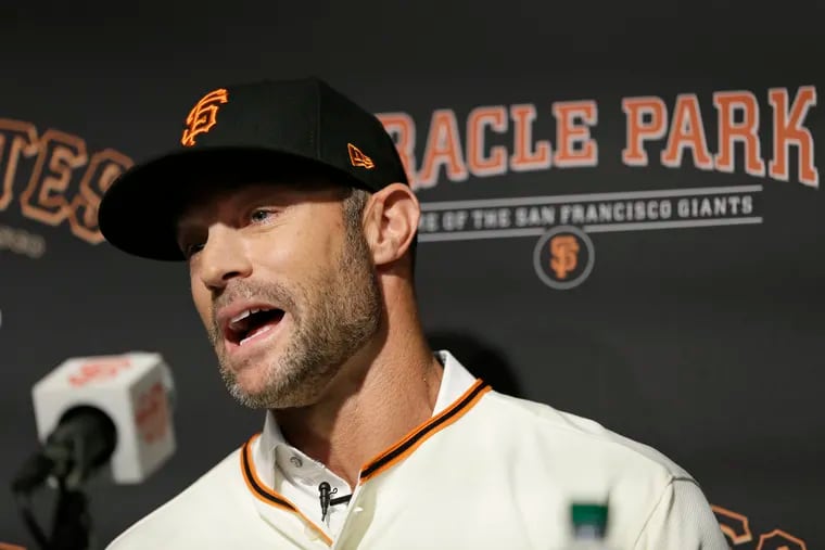 San Francisco Giants manager Gabe Kapler answers questions during a news conference at Oracle Park.