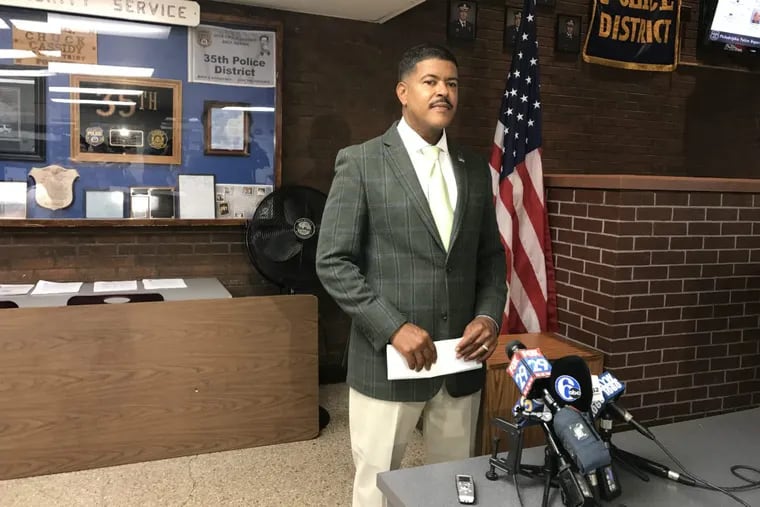 Police Capt. Malachi Jones, of Northwest Detectives, speaks to reporters on Thursday, July 6, 2017, about the child-sized casket found with human organs inside that had been dumped on a North Philadelphia sidewalk earlier in the week.