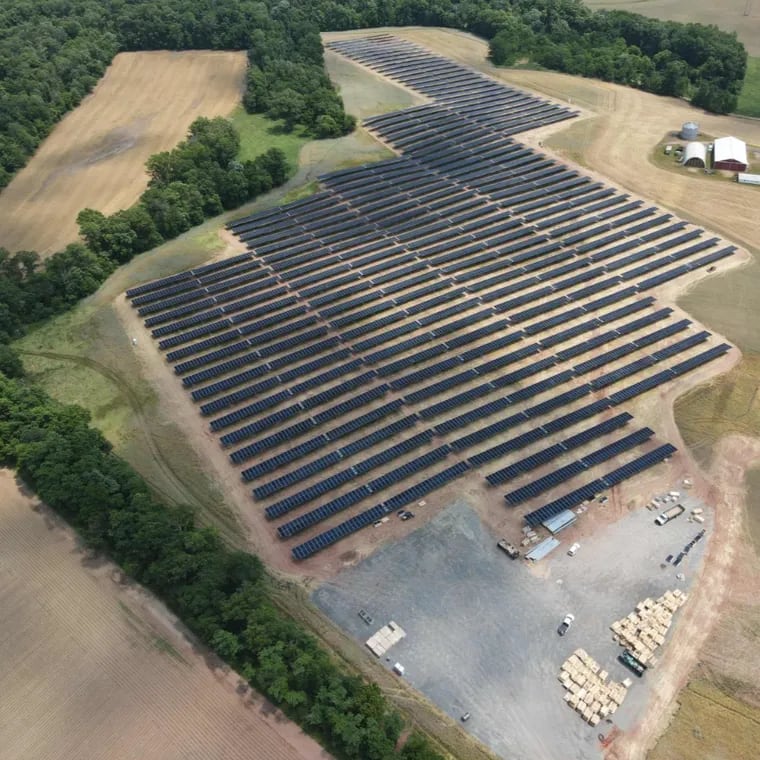 Portion of a solar array still under construction by Arlington, Va.-based Energix Renewables on farmland in Straban Township, Adams County, not far from Gettysburg. The project is pegged to produce power by the end of 2023 for Philadelphia-owned buildings, including City Hall, Philadelphia International Airport, and the water department.