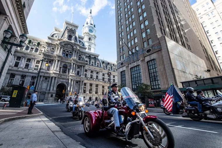 Some military veterans covered the Philadelphia Veterans Parade route Sunday on motorcycles.