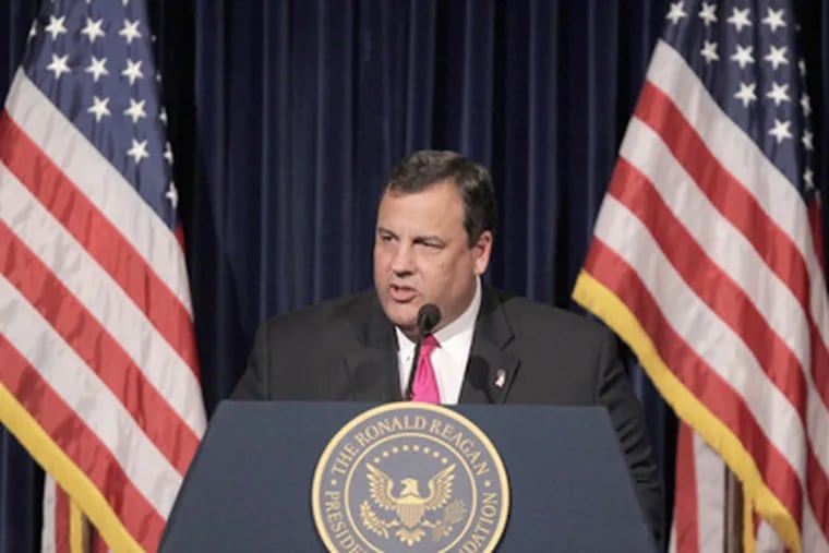 Gov. Christie used a speech at the Reagan Library in Simi Valley, Calif., to talk up the "leadership and compromise" he said he had overseen in Trenton. (Jae C. Hong / Associated Press)