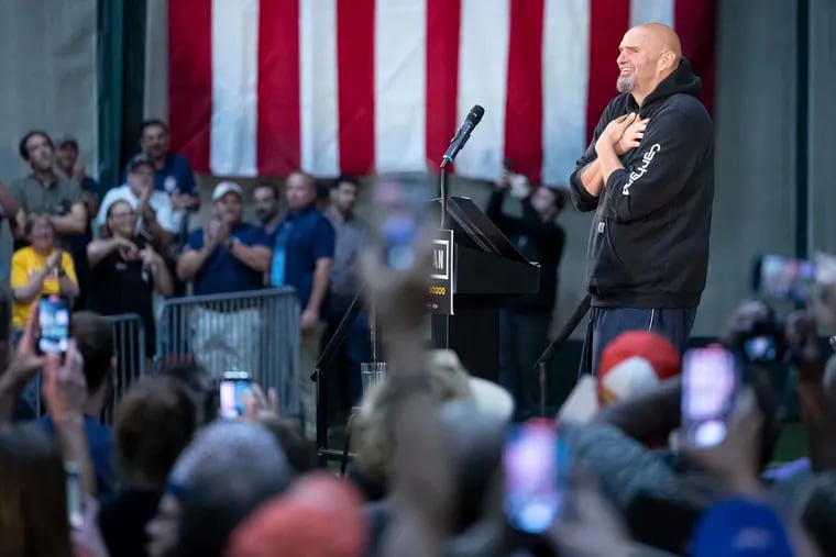 Pennsylvania Lt. Gov. and Democratic Senate nominee John Fetterman taking the stage at a rally in Scranton on Sept. 17.