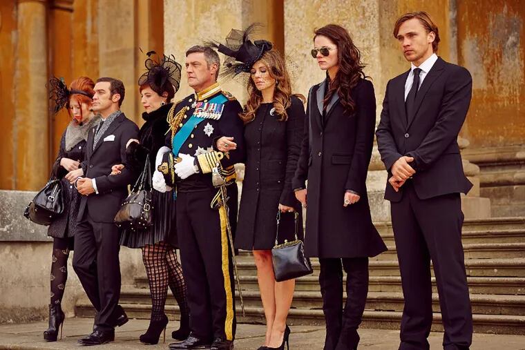 Not quite themselves, really: &quot;The Royals&quot; features (from left) Hatty Preston, Jake Maskall, Lydia Rose Bewley, Vincent Regan, Elizabeth Hurley, Alexandra Park, and William Moseley as a fictional ruling family. (Paul Blundell / E! Entertainment)