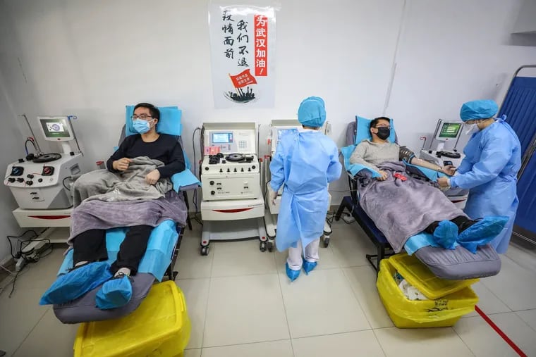 Doctors who have recovered from the COVID-19 coronavirus infection donate plasma in February in China.
