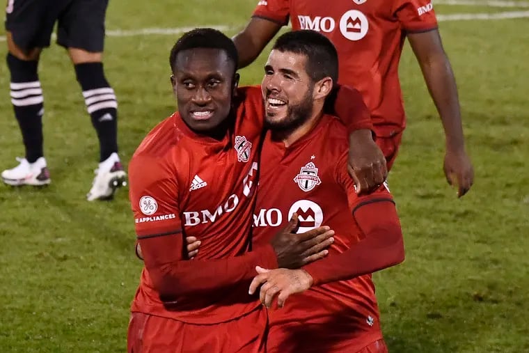 Toronto FC's Richie Laryea, left, and Alejandro Pozuelo, right, face Nashville SC in the Eastern Conference quarterfinals on Tuesday.