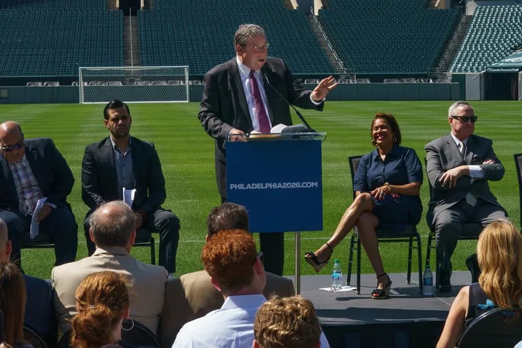 Comcast senior executive vice president David L. Cohen speaking at a news conference in 2019 about Philadelphia's bid to host games in the 2026 men's World Cup.