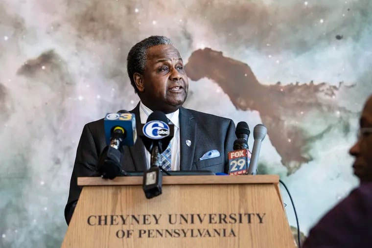 Aaron A. Walton, Cheyney's president, announces a fundraising campaign earlier and continued partnerships in March to ensure the school's financial future.  (Jose F. Moreno/The Philadelphia Inquirer via AP)