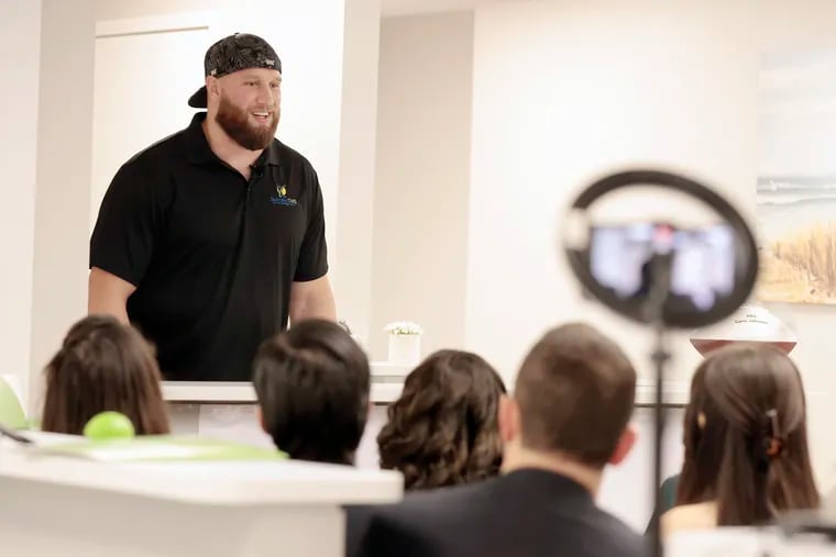 Eagles right tackle Lane Johnson talks about his life journey, mental health battles and hosts a Q&A at Success TMS - Depression Treatment Specialists in Cherry Hill, NJ on Sat., Nov. 5, 2022.