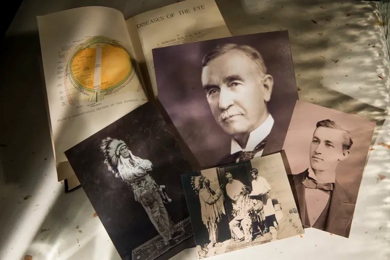 Historical photos of Dr. L. Webster Fox  are shown by his book "Diseases of the Eye."  L-R: In regalia given to him by the Blackfeet Indians in 1924, an undated portrait, (top center), eye operations In Browning, Montana in the 1920's, and a student in 1876 at Jefferson Medical College.