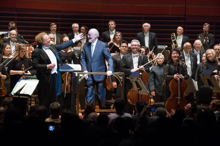 John Williams with the Philadelphia Orchestra in a May 2016 concert with conductor Stéphane Denève.