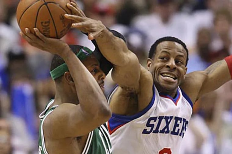 Andre Iguodala tries to block the Celtics' Paul Pierce during the third quarter of Game 4. (Steven M. Falk/Staff Photographer)
