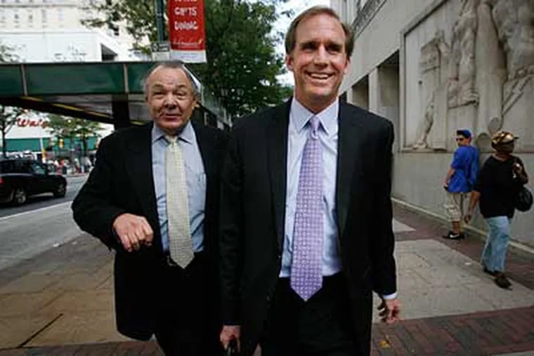Bob Hall and Greg Osberg, COO and CEO of Philadelphia Media Network, representing the new owners of the Philadelphia Daily News, the Inquirer and Philly.com, leave federal court after Thursday's bankruptcy hearing and auction. (Alejandro A. Alvarez / Staff Photographer)