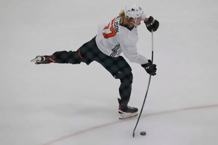 Flyers right winger Wade Allison shoots the puck during development camp drills at the Flyers Skate Zone in Voorhees on Sunday. Allison will have a good chance to make the team when veteran camp starts on Sept. 22.