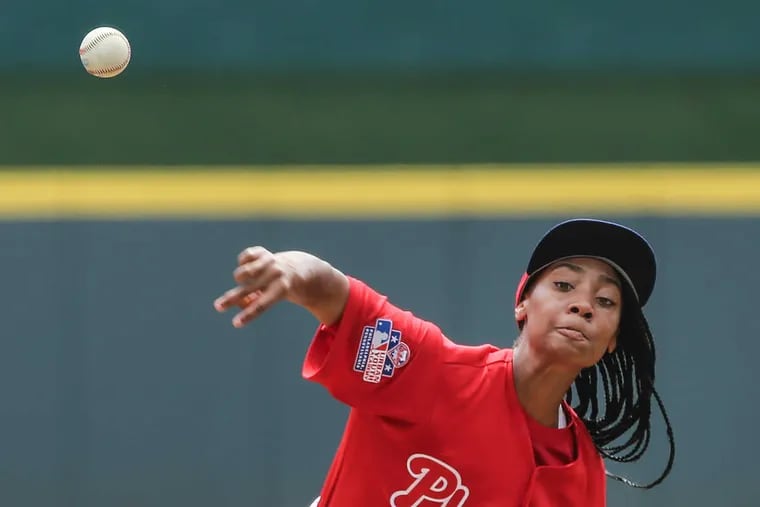 Mo’ne Davis of the Phillies’ RBI team pitches to Chicago’s’ Marquis Jackson during the fifth inning at Great American Ball Park in Cincinnatii.