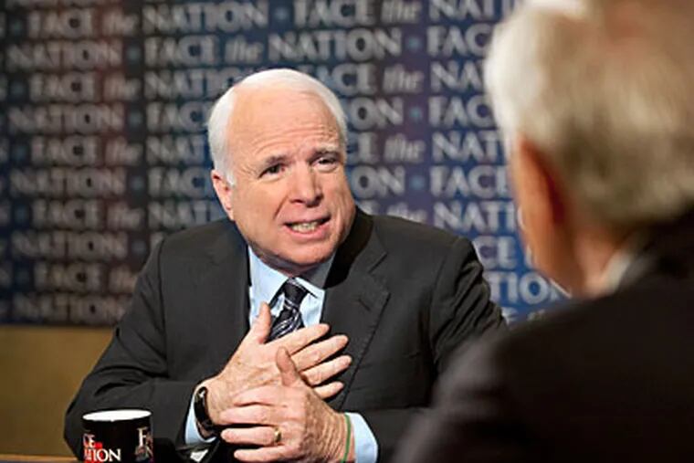 In this Sunday Jan. 24, 2010, photo provided by Face the Nation Sen. John McCain, R-Ariz., is interviewed in CBS's Bob Schieffer on Face the Nation. (AP Photo/Face the Nation, Chris Usher)
