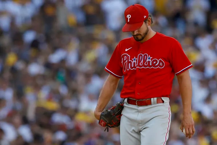 Phillies reliever Brad Hand leaves the mound after being pulled in the fifth inning of Game 2 on Wednesday.