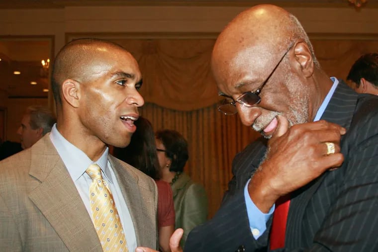 Mr. Bradford, (left), then the director of education for the Barnes Foundation, talks with Ivory Nelson, then president of Lincoln University, in 2008. The men collaborated when the Barnes and Lincoln created a museum studies program at Lincoln.