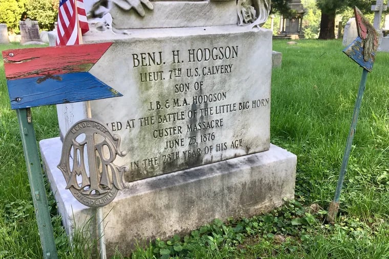 This is the Laurel Hill Cemetery grave of Second Lieutenant Benjamin Hodgson, who was killed with Custer at the Battle of the Little Bighorn. After the fight, his remains were temporarily buried on the battlefield, then returned to his hometown of Philadelphia.