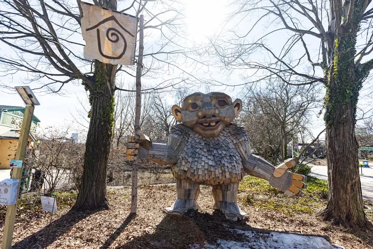 Ronja Redeye, one of the six trolls created by Recycle Art Activist Thomas Dambo, of Denmark, can be seen throughout the Philadelphia Zoo in Philadelphia, Pa., on Friday, Feb. 16, 2024. Ronja Redeye is the best communicator amongst the trolls and wants to speak with humans to help them rethink their relationship with wildlife and the planet.
