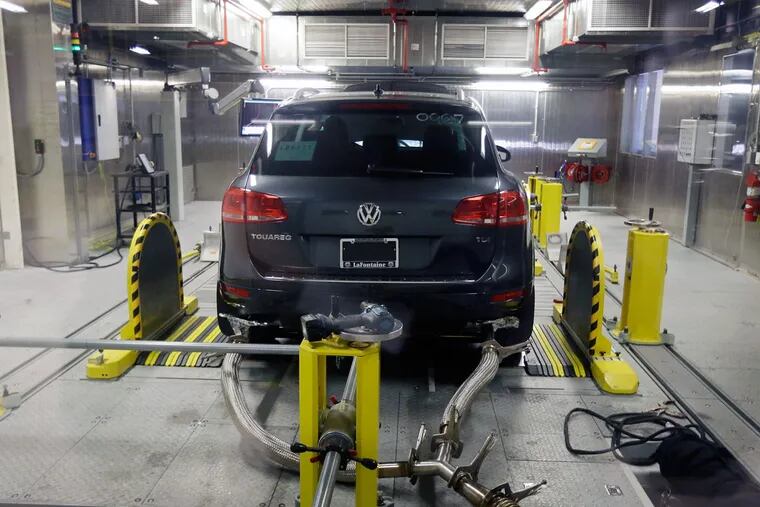 A Volkswagen Touareg diesel is tested by the Environmental Protection Agency. Nationwide, thousands of car owners are alleging misdeeds by VW, which in September admitted to emissions tests cheating.