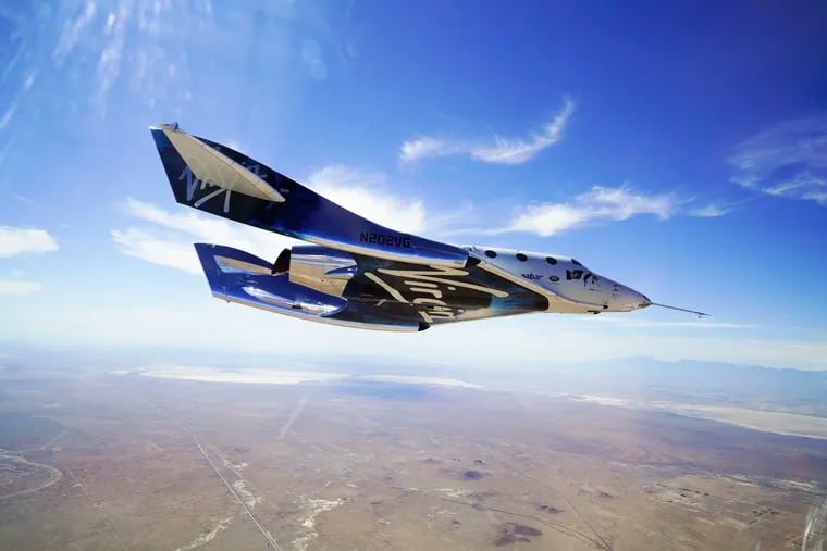 This May 29, 2018 photo made available by Virgin Galactic shows the company's VSS Unity on its second supersonic flight. After reaching nearly 50,000 feet (15,000 meters), Unity will be released from the specially designed aircraft Mothership Eve, and drop for a moment or two before its rocket motor ignites to send the craft on a steep climb toward space.
